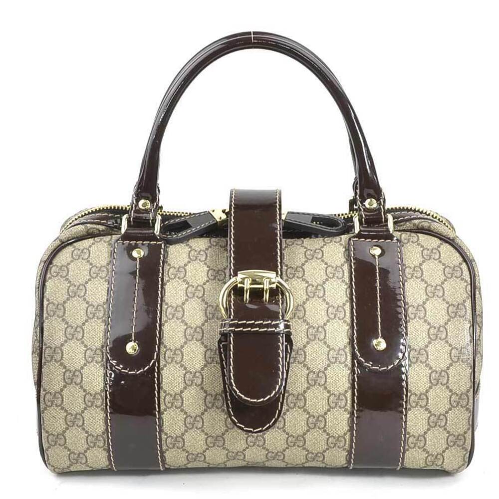 Gucci Handbag GG Supreme Canvas Patent Vernis Leather Brown Gold